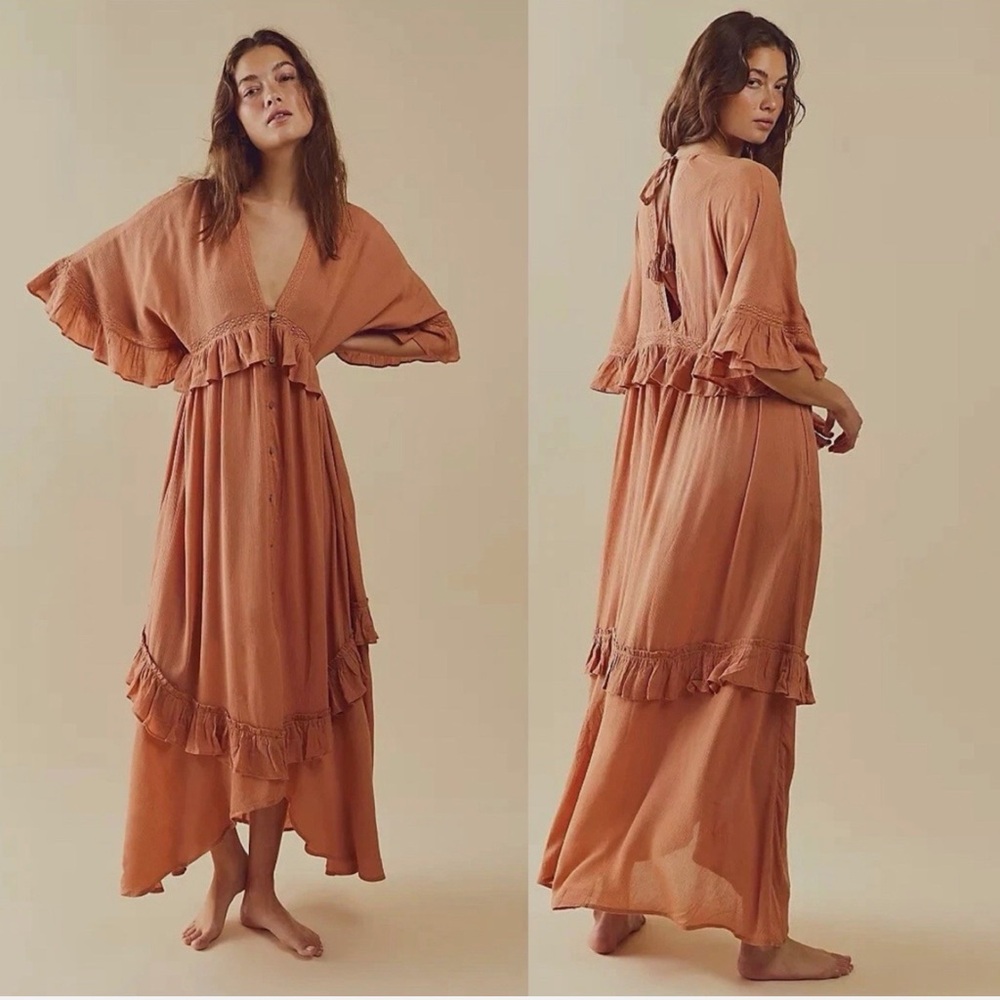 Free People Paradiso Ruffles Duster Maxi Dress Endless Summer Sandstorm XS